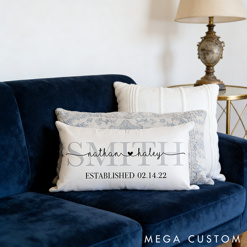 Personalized Family Name Pillow Custom Wedding or Anniversary Gift with Names and Time Decorative Throw Pillow for Home or Sofa Decor