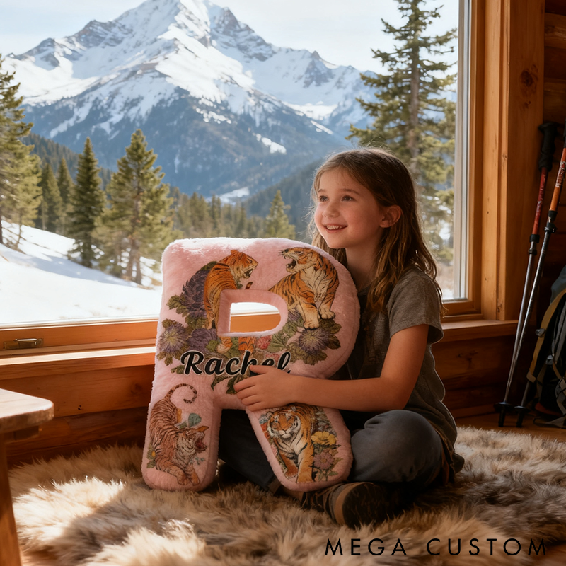 Personalized Letter Pillow with Tiger Design Custom Name Soft Plush Nature Adventure Theme Graphic 3D Print Unique Gift for Wildlife and Outdoor Lovers