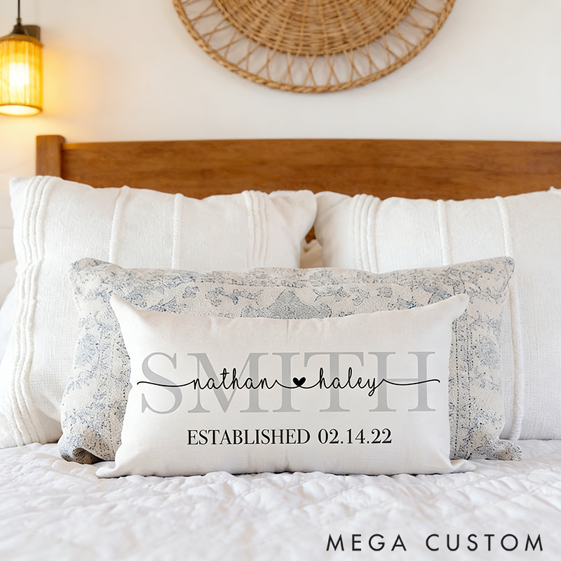 Personalized Family Name Pillow Custom Wedding or Anniversary Gift with Names and Time Decorative Throw Pillow for Home or Sofa Decor