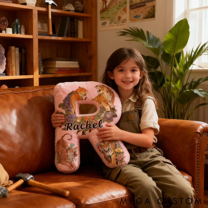 Personalized Letter Pillow with Tiger Design Custom Name Soft Plush Nature Adventure Theme Graphic 3D Print Unique Gift for Wildlife and Outdoor Lovers
