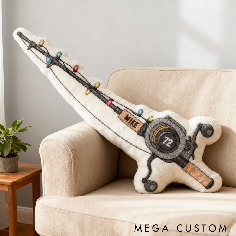 Personalized Fishing Rod Pillow Funny Fishing Pillow Custom Name Graphic 3D Print Soft and Fun Decor with Festive Lights Perfect Gift for Fishing Enthusiasts