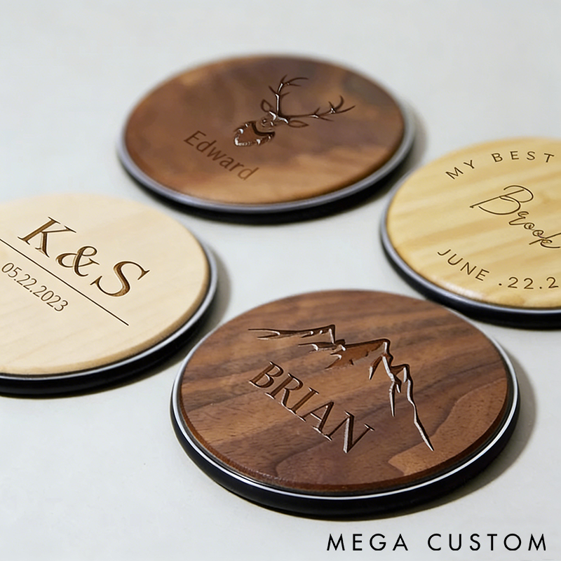 Personalized Name and Logo Wooden Wireless Charger Station Custom Phone Pad 15W Portable Qi Fast Charging Corporate Employee Coworkers Gift