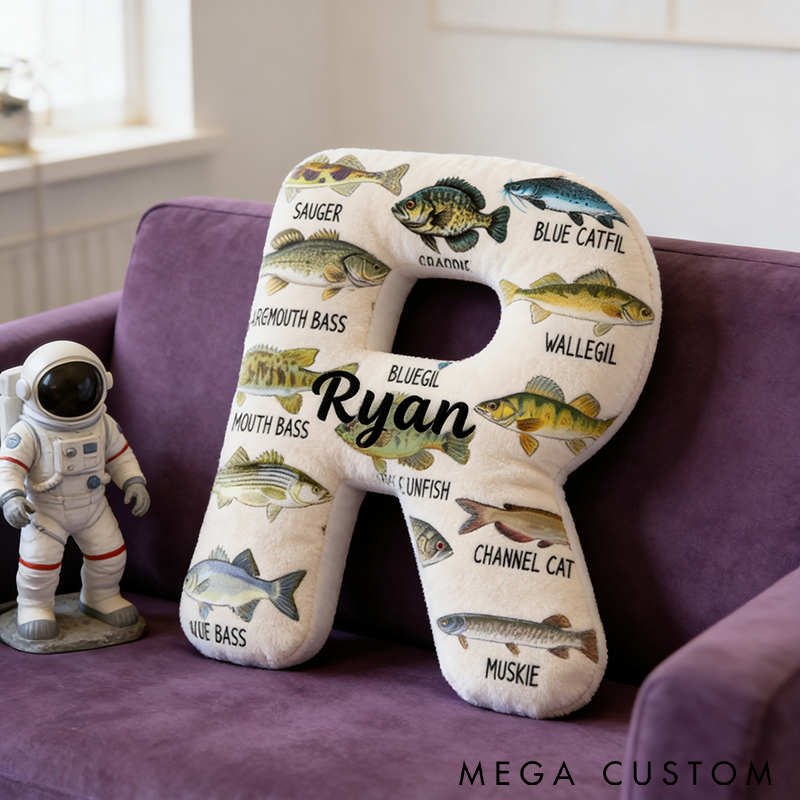 Personalized Fishing Letter Pillow with Fish Species Design Custom Name Cozy Gift for Fishing Lovers Home Decor and Comfort Cushion