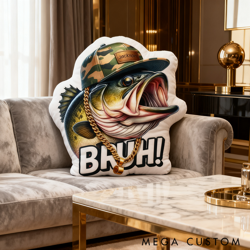 Personalized Fishing Pillow Funny Fishing Pillow Custom Name Funny Fish Design with Camo Hat and Chain Perfect Gift for Kids and Fishing Enthusiasts