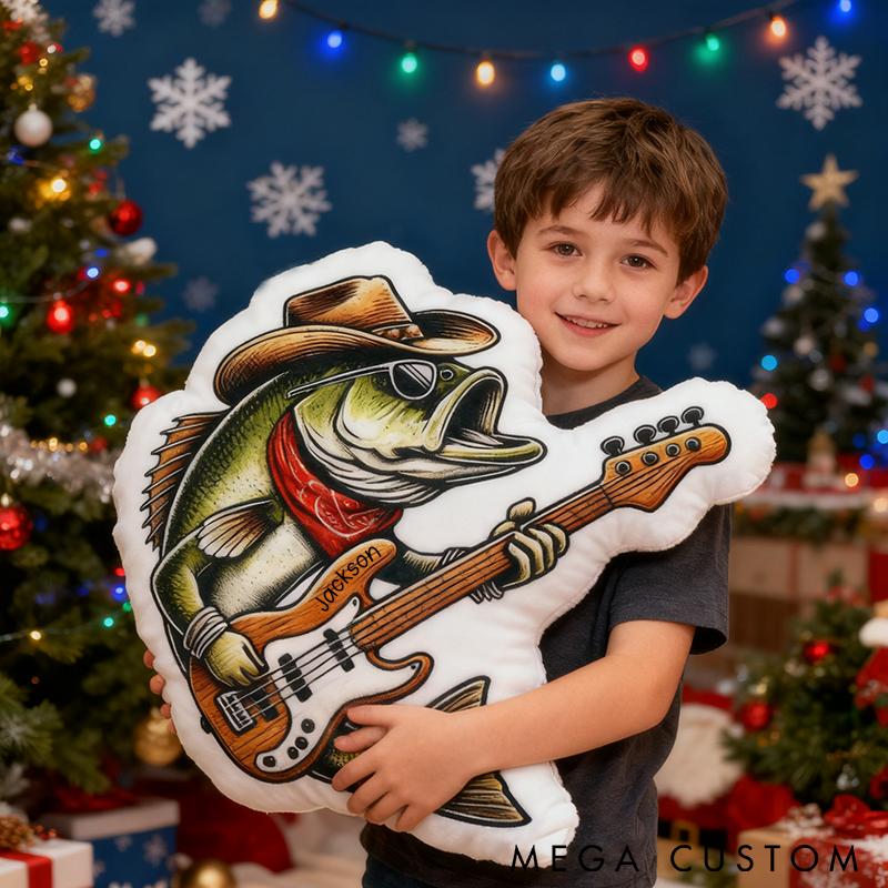 Personalized Fishing Pillow Funny Fishing Pillow with Bass Fish and Guitar Design Custom Name Perfect Gift for Fishing Enthusiasts and Kids