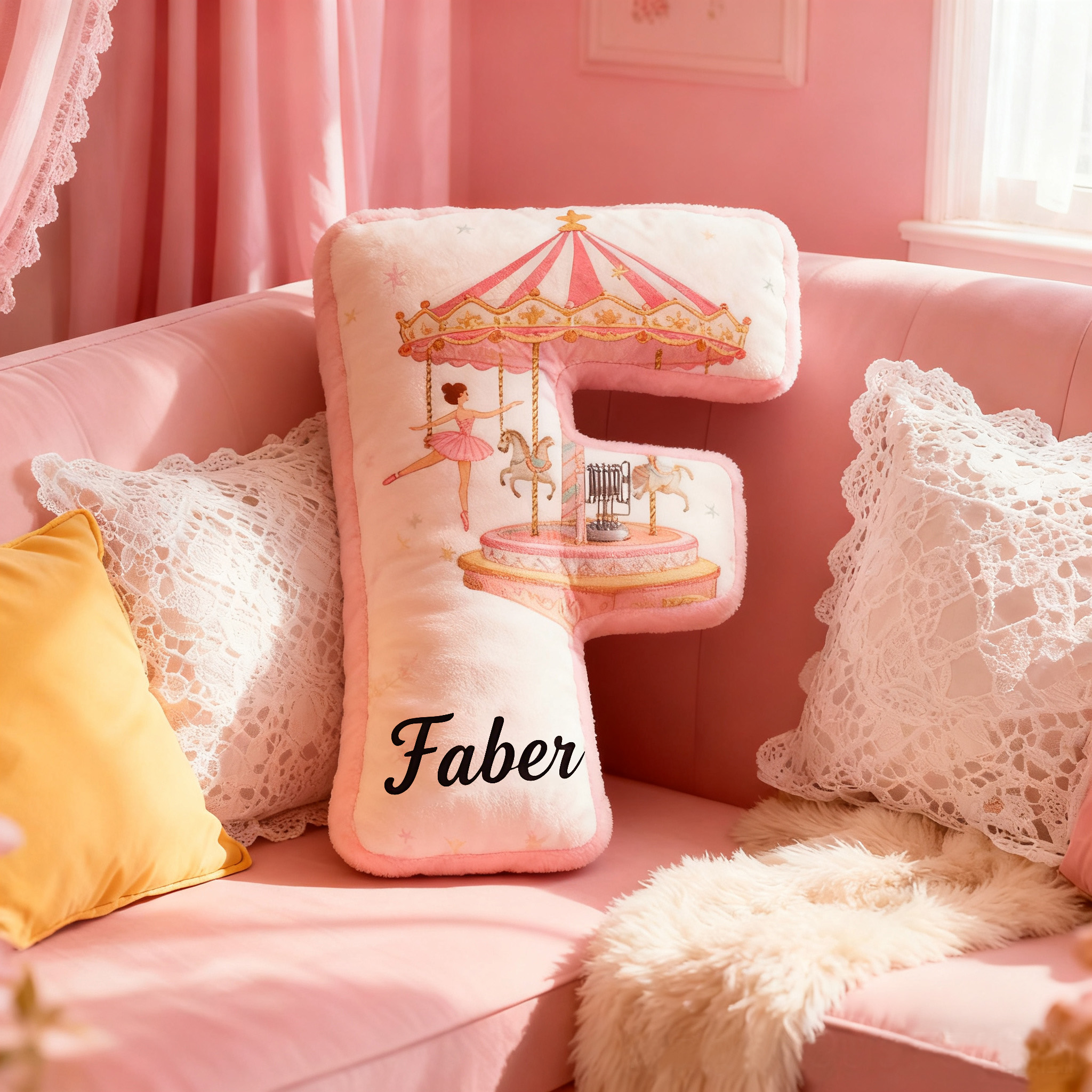 Personalized Ballet Carousel Pillow With Your Own Name Soft Stuffed Toy for Kids Unique Decorative Cushion for Girls' Room