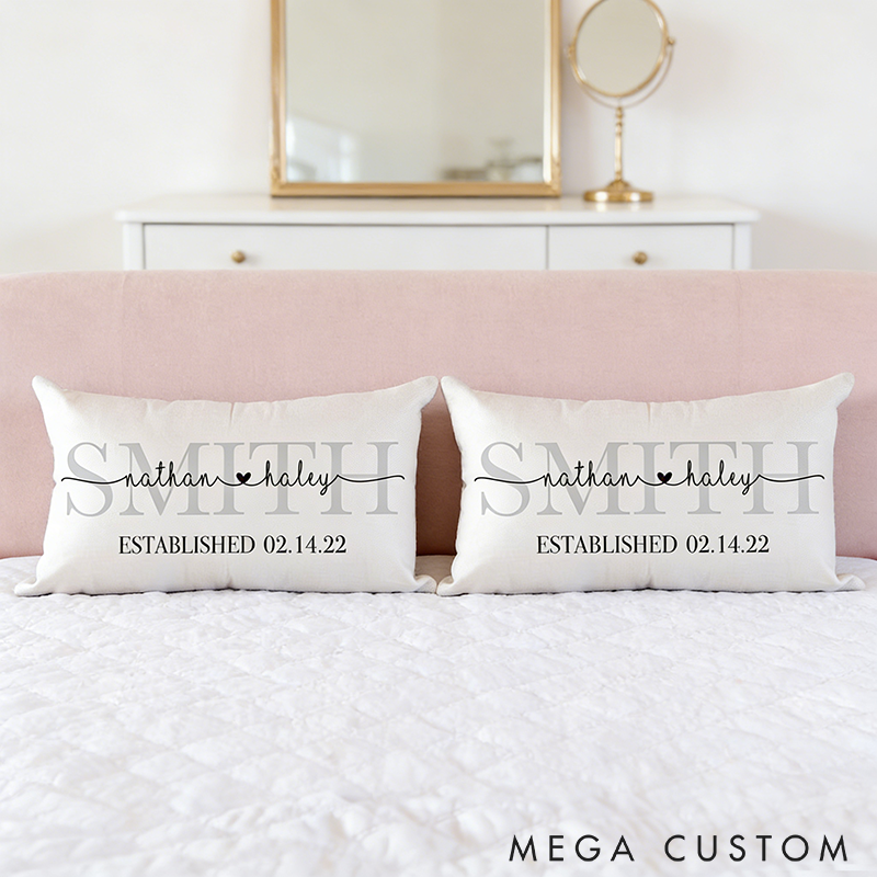 Personalized Family Name Pillow Custom Wedding or Anniversary Gift with Names and Time Decorative Throw Pillow for Home or Sofa Decor