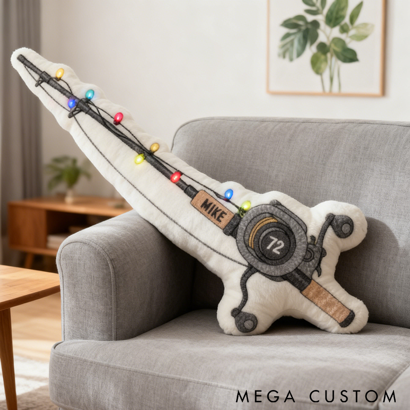 Personalized Fishing Rod Pillow Funny Fishing Pillow Custom Name Graphic 3D Print Soft and Fun Decor with Festive Lights Perfect Gift for Fishing Enthusiasts