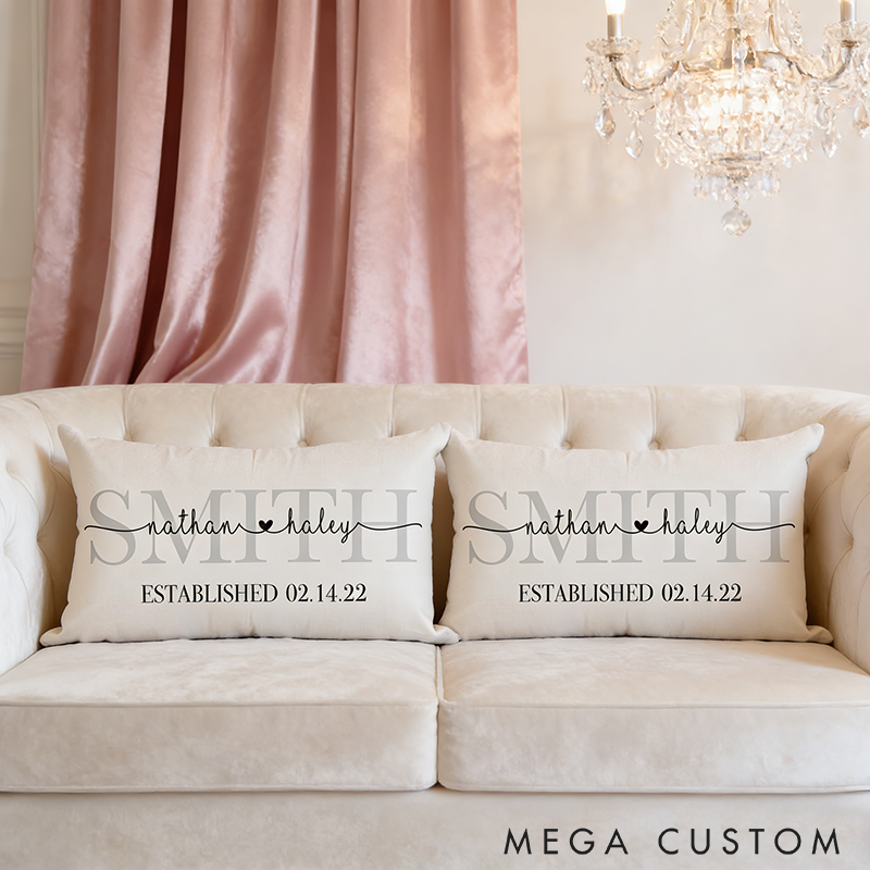 Personalized Family Name Pillow Custom Wedding or Anniversary Gift with Names and Time Decorative Throw Pillow for Home or Sofa Decor