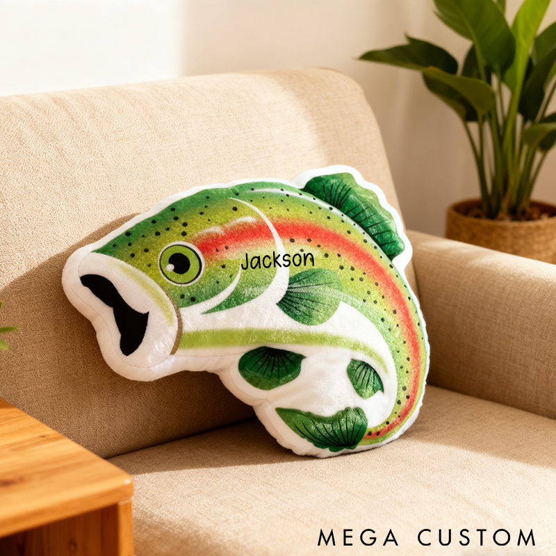 Personalized Fish Pillow Rainbow Trout Pillow Custom Name Graphic 3D Print Soft Plush Gift for Fishing Lovers Kids and Home Decor