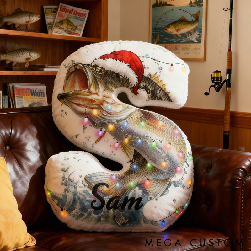 Personalized Fishing Letter Pillow Festive Decor Pillow with Santa Hat and Lights Design Custom Name Graphic 3D Print Perfect Gift for Anglers and Holiday Home Decor