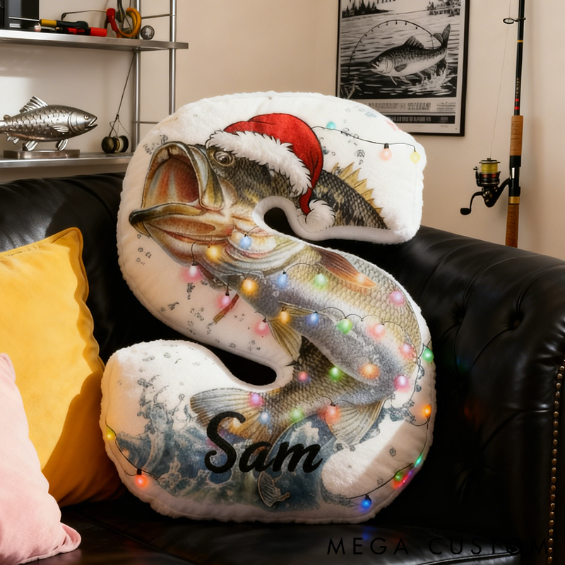 Personalized Fishing Letter Pillow Festive Decor Pillow with Santa Hat and Lights Design Custom Name Graphic 3D Print Perfect Gift for Anglers and Holiday Home Decor