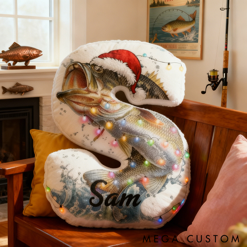 Personalized Fishing Letter Pillow Festive Decor Pillow with Santa Hat and Lights Design Custom Name Graphic 3D Print Perfect Gift for Anglers and Holiday Home Decor