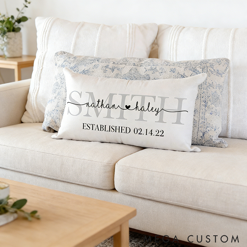 Personalized Family Name Pillow Custom Wedding or Anniversary Gift with Names and Time Decorative Throw Pillow for Home or Sofa Decor