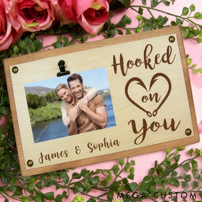 Personalized Wooden Photo Frame Hooked on You Design Custom Names Fishing Inspired Romantic Gift for Couples Anniversaries or Valentine's Day