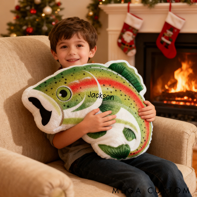 Personalized Fish Pillow Rainbow Trout Pillow Custom Name Graphic 3D Print Soft Plush Gift for Fishing Lovers Kids and Home Decor