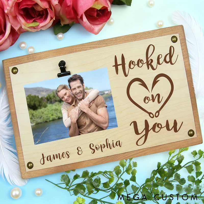 Personalized Wooden Photo Frame Hooked on You Design Custom Names Fishing Inspired Romantic Gift for Couples Anniversaries or Valentine's Day