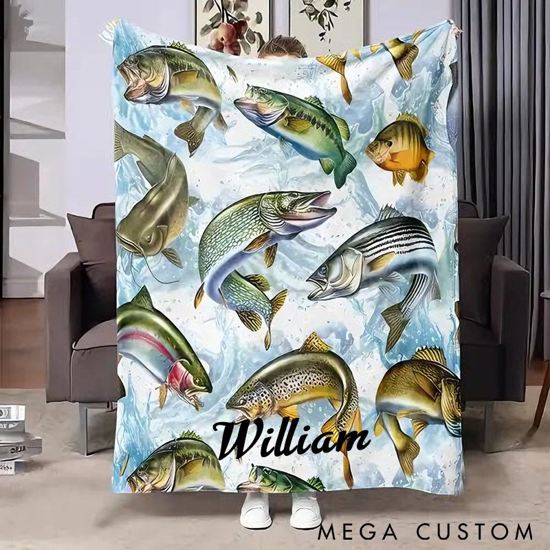 Personalized Fishing Blanket Soft and Warm with Vibrant Fish Design Custom Name Perfect for Anglers Home Camping or Unique Fishing Gifts