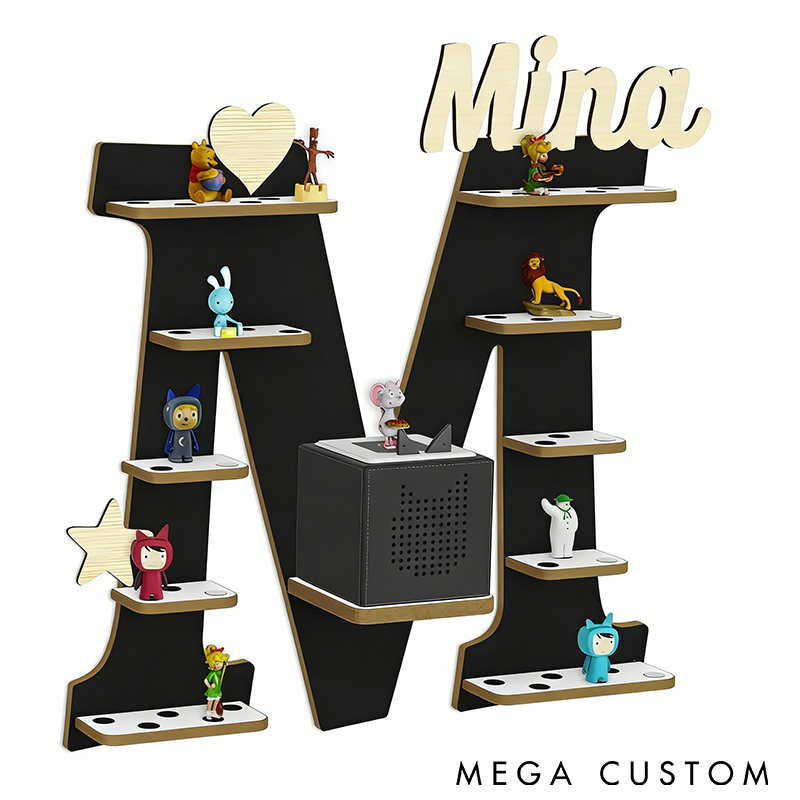 Personalized Letter Shelf for Toniebox Storage Tonie Shelf Wall Shelf for Tonie Figures Custom Name Display Wooden Organizer for Figures Kids' Room Decor with Charging Slot