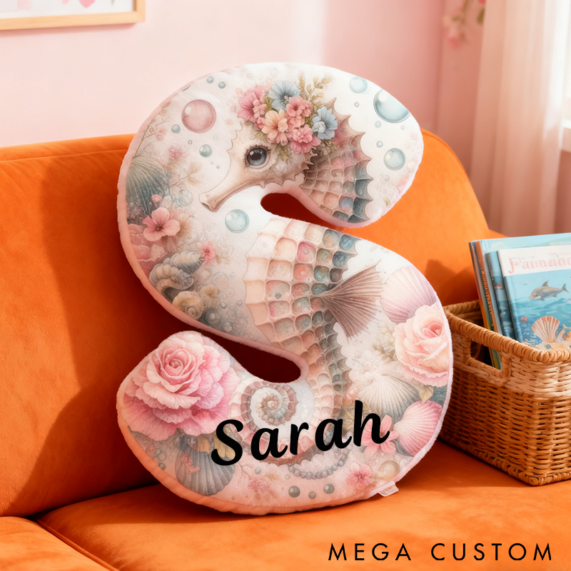 Personalized Seahorse Letter Pillow Ocean Themed Design with Floral Details Custom Name Graphic 3D Print Perfect for Fishing Lovers and Coastal Home Decor