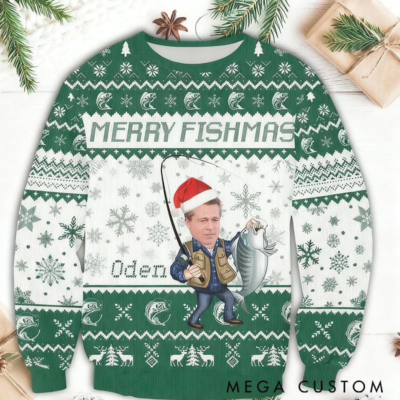 Personalized Merry Fishmas Sweater Fishing Ugly Christmas Sweater Custom Photo and Name Perfect Gift for Fishing Enthusiasts