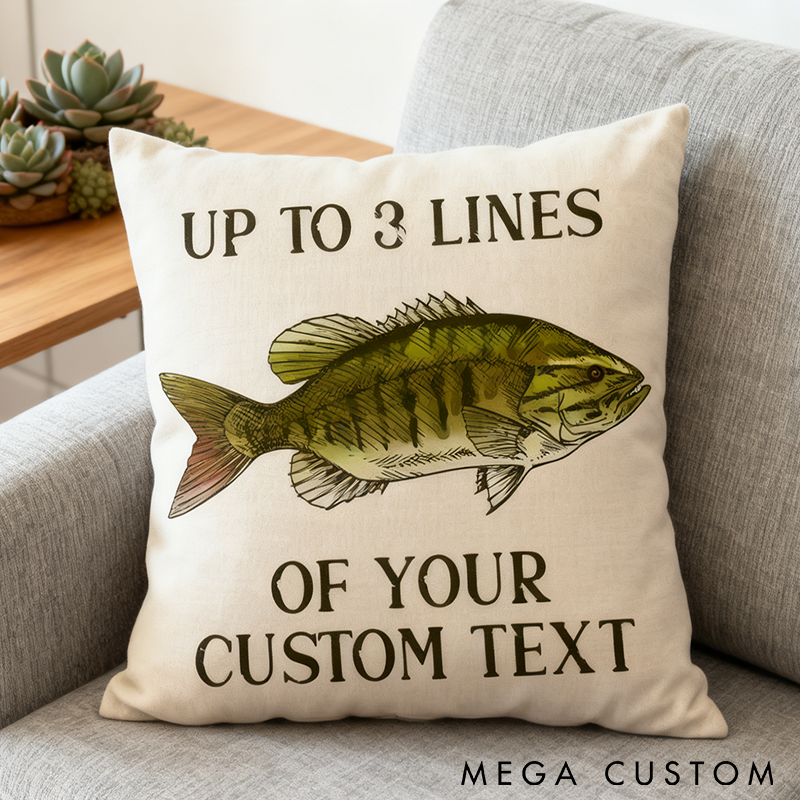 Personalized Fishing Pillow Custom Text with Bass Fish Design Perfect for Fishing Enthusiasts and Unique Gifts