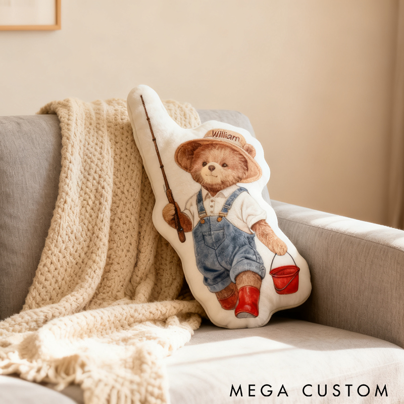 Personalized Fishing Teddy Bear Pillow Funny Fishing Pillow Custom Name Pillow Ideal Gift for Kids and Young Anglers