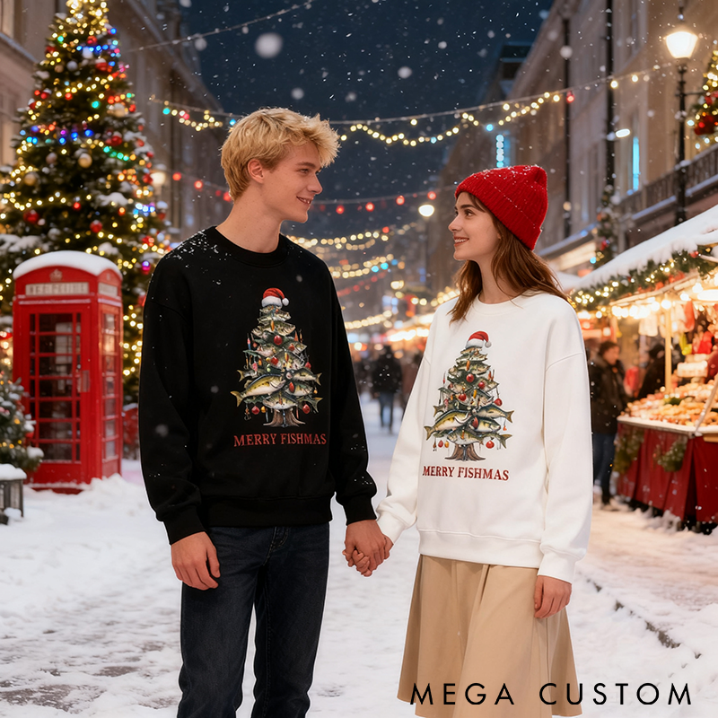 Personalized Festive Fish Tree Bass Sweatshirt Fisherman Christmas Tree Sweatshirt Cozy Funny Fishing Gift Holiday Gift for Fishing Enthusiasts
