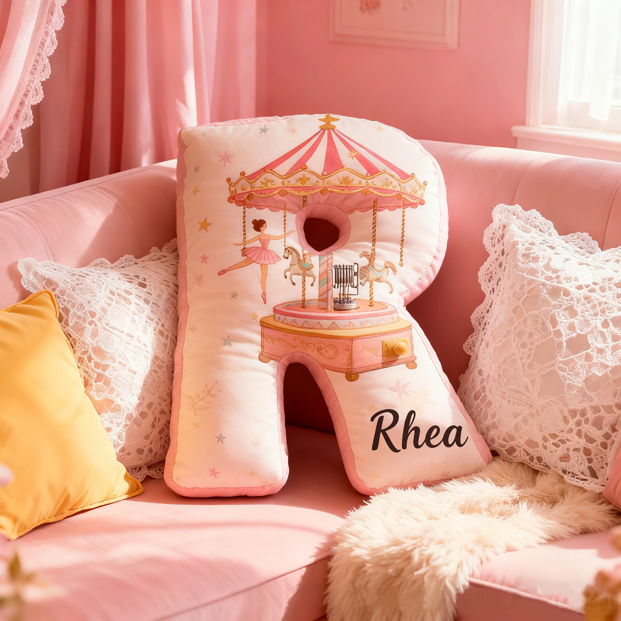 Personalized Ballet Carousel Pillow With Your Own Name Soft Stuffed Toy for Kids Unique Decorative Cushion for Girls' Room