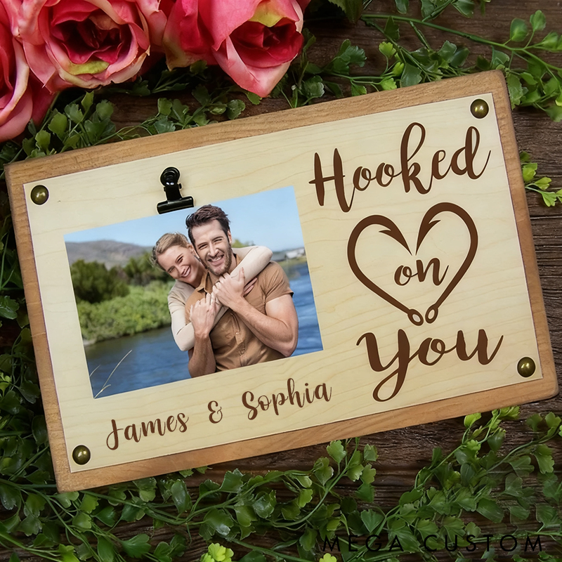 Personalized Wooden Photo Frame Hooked on You Design Custom Names Fishing Inspired Romantic Gift for Couples Anniversaries or Valentine's Day