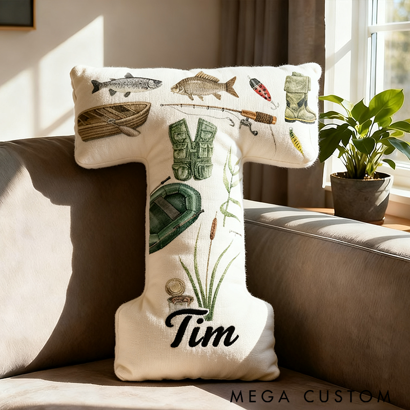 Personalized Fishing Pillow Letter Shape Pillow Fishing Theme Pillow Custom Name Graphic 3D Print Cozy Decor for Anglers and Home
