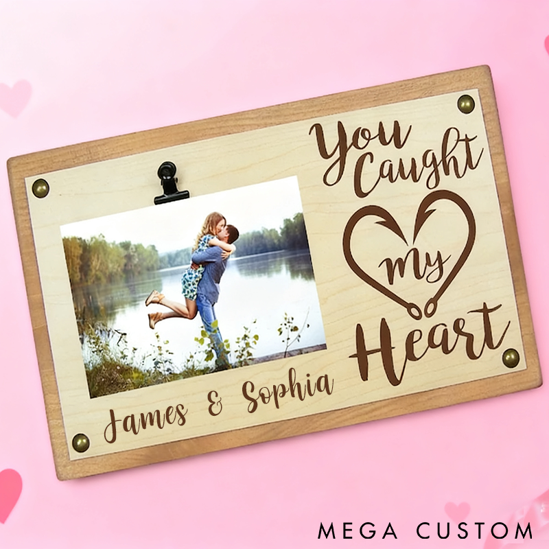 Personalized Wooden Fishing Photo Frame You Caught My Heart Anniversary Gift for Boyfriend Husband Fishing Couple Gift Engraved Quotes Love Picture Frame Romantic Gift for Couples Anglers and Valentine's Day