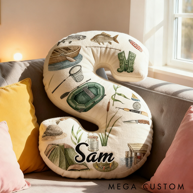 Personalized Fishing Pillow Letter Shape Pillow Fishing Theme Pillow Custom Name Cozy Decor for Anglers and Home