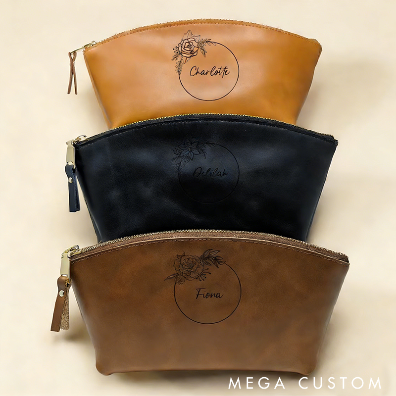 Personalized Leather Makeup Bag Cosmetic Bag Custom Name Cosmetic Pouch and Birth Flower Custom Makeup Bag Gift for Her Cosmetic Bag Gift for Women