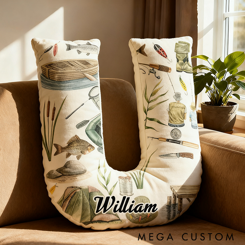 Personalized Fishing Pillow Letter Shape Pillow Fishing Theme Pillow Custom Name Cozy Decor for Anglers and Home