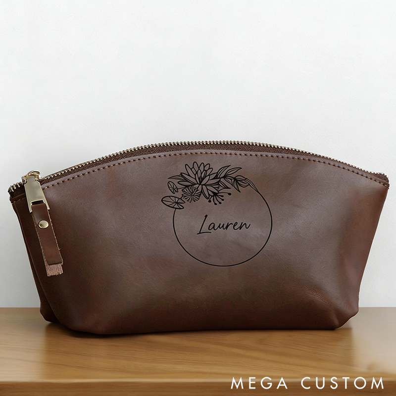 Personalized Leather Makeup Bag Cosmetic Bag Custom Name Cosmetic Pouch and Birth Flower Custom Makeup Bag Gift for Her Cosmetic Bag Gift for Women