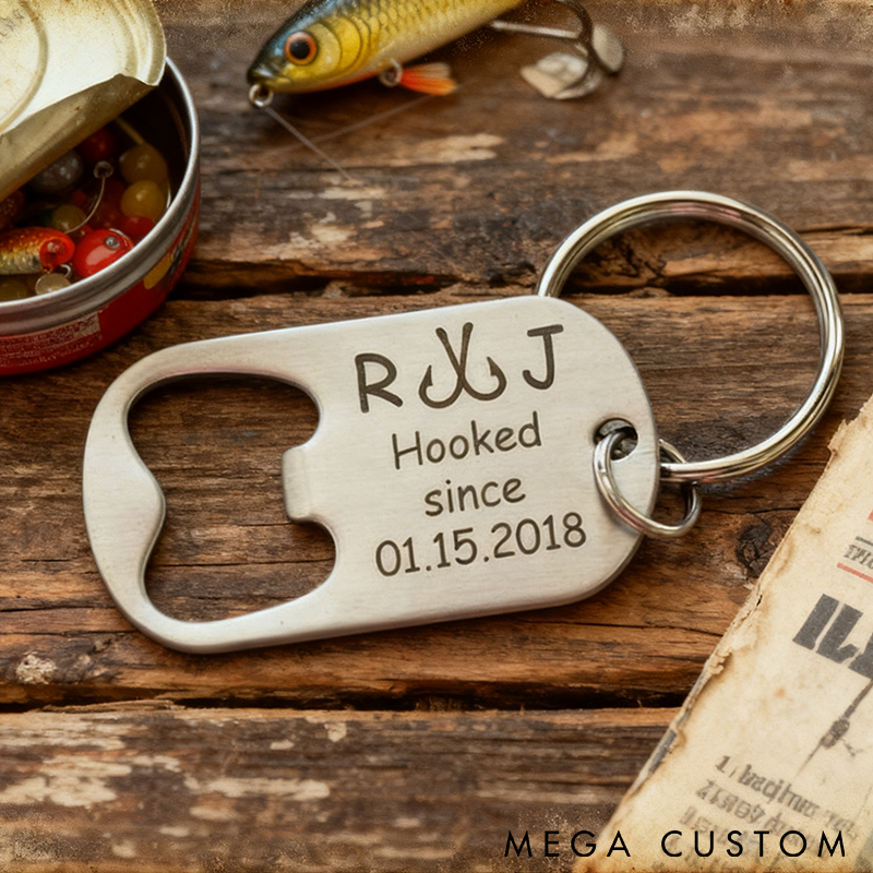 Personalized Fishing Keychain Bottle Opener Custom Initials and Time Unique Gift for Anglers Couples and Anniversaries