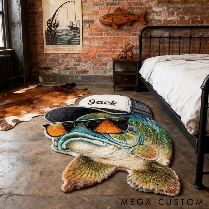 Personalized Fish-Shaped Rug Funny Fishing Theme with Hat and Sunglasses Custom Name Perfect for Anglers Home Decor or Unique Gifts