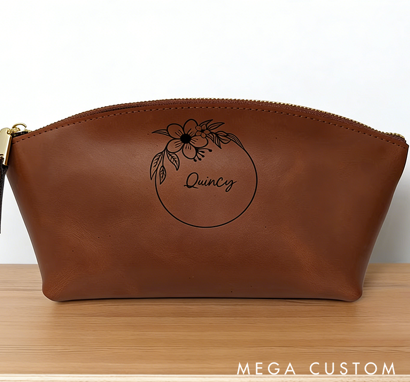 Personalized Leather Makeup Bag Cosmetic Bag Custom Name Cosmetic Pouch and Birth Flower Custom Makeup Bag Gift for Her Cosmetic Bag Gift for Women