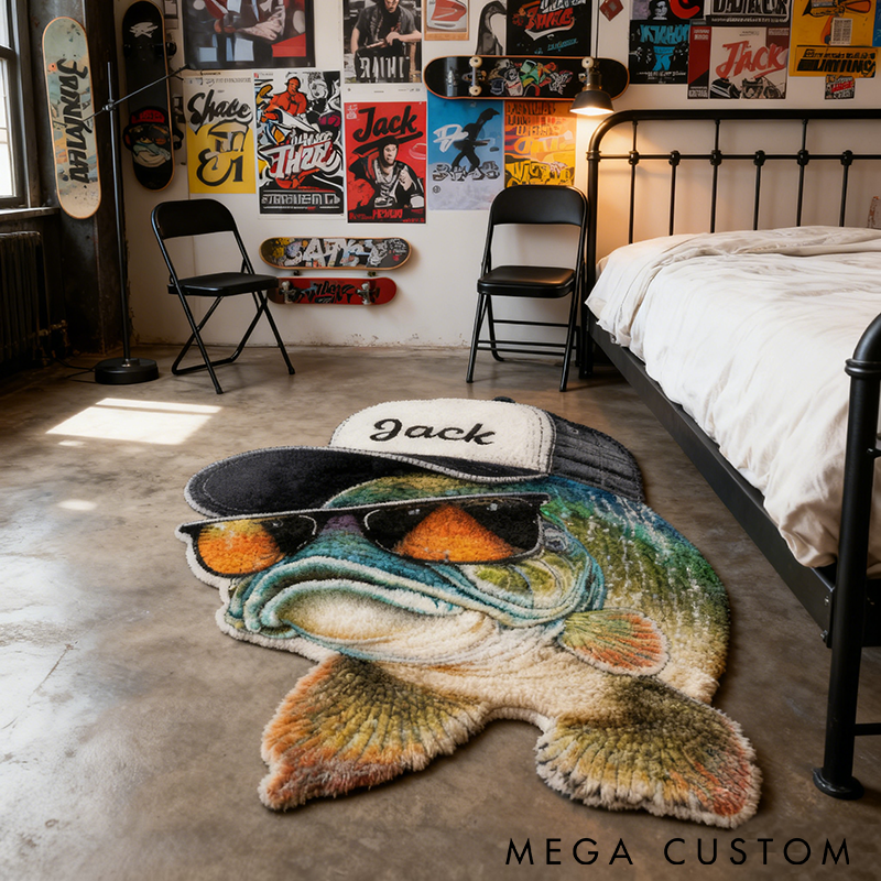 Personalized Fish-Shaped Rug Funny Fishing Theme with Hat and Sunglasses Custom Name Perfect for Anglers Home Decor or Unique Gifts