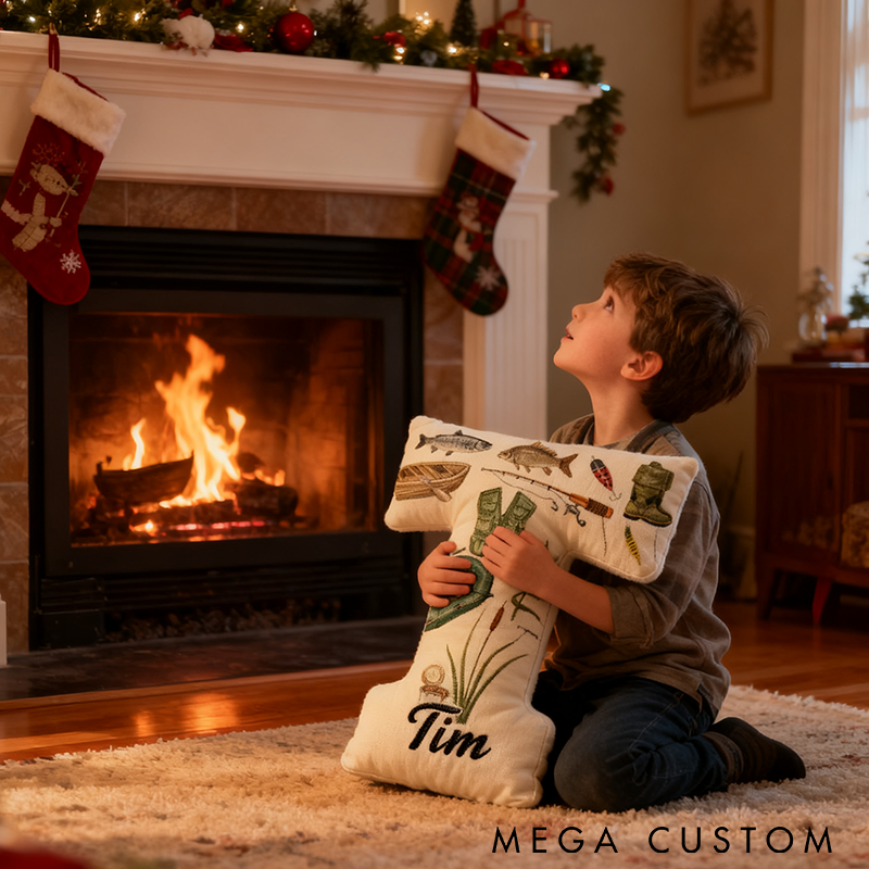 Personalized Fishing Pillow Letter Shape Pillow Fishing Theme Pillow Custom Name Cozy Decor for Anglers and Home