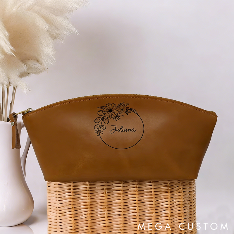 Personalized Leather Makeup Bag Cosmetic Bag Custom Name Cosmetic Pouch and Birth Flower Custom Makeup Bag Gift for Her Cosmetic Bag Gift for Women