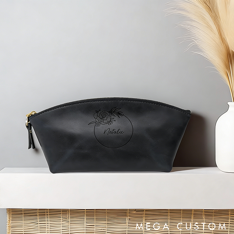 Personalized Leather Makeup Bag Cosmetic Bag Custom Name Cosmetic Pouch and Birth Flower Custom Makeup Bag Gift for Her Cosmetic Bag Gift for Women