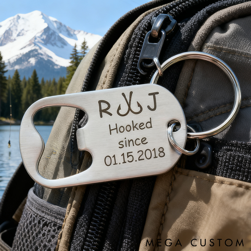 Personalized Fishing Keychain Bottle Opener Custom Initials and Time Unique Gift for Anglers Couples and Anniversaries