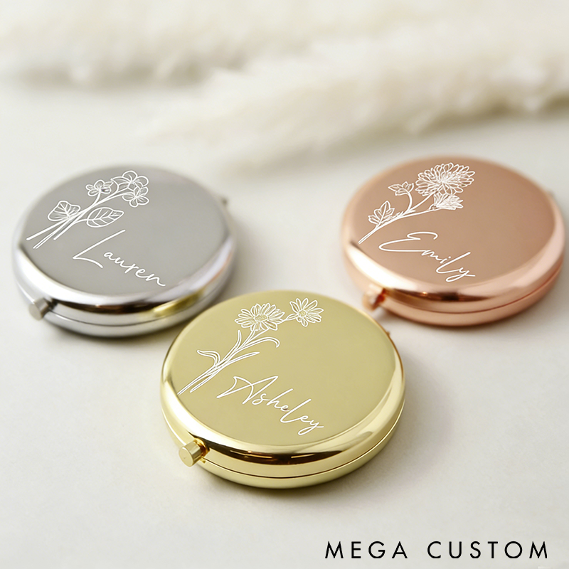 Personalized Compact Mirror Custom Name and Birth Flower Pocket Mirror Portable Makeup Mirror Perfect Gift for Women