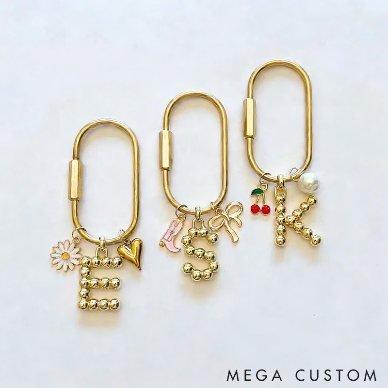 Personalized Gold Letter Keyring with Cute Charms Custom Initial Keychains Initial Bag Charm Gold Heart Keychains Letters Charm Aesthetic Keychains Perfect for Bags Keys or Gift Giving