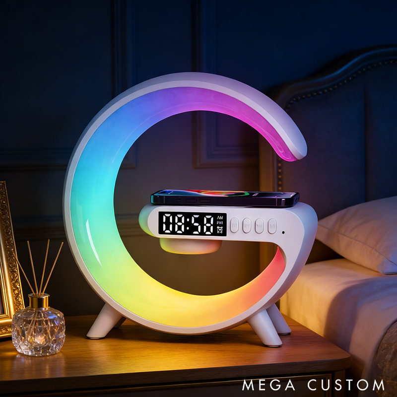 Wireless Speaker with Sunrise Alarm RGB Rhythm Light with Wireless Charging Digital Clock and Alarm Dimmable LED Night Light for Bedroom or Office