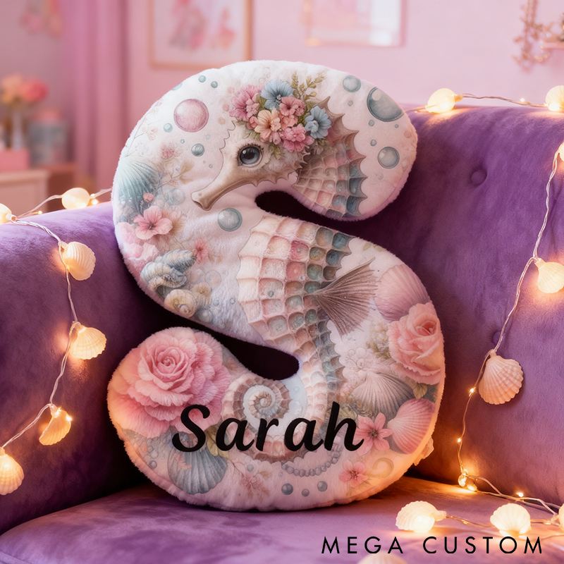 Personalized Seahorse Letter Pillow Ocean Themed Design with Floral Details Custom Name Graphic 3D Print Perfect for Fishing Lovers and Coastal Home Decor