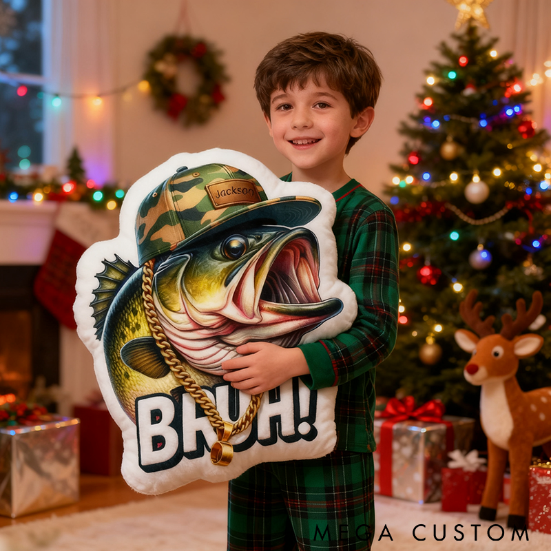 Personalized Fishing Pillow Funny Fishing Pillow Custom Name Funny Fish Design with Camo Hat and Chain Perfect Gift for Kids and Fishing Enthusiasts