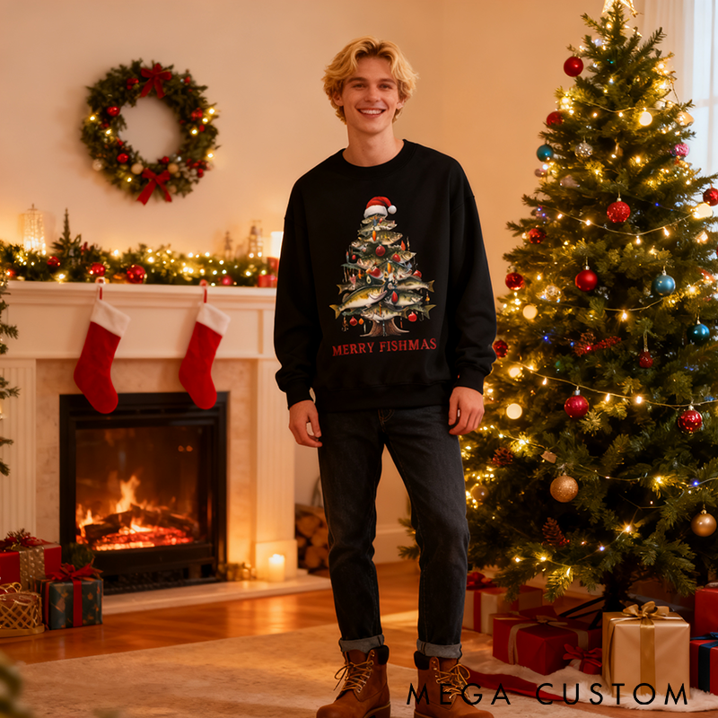 Personalized Festive Fish Tree Bass Sweatshirt Fisherman Christmas Tree Sweatshirt Cozy Funny Fishing Gift Holiday Gift for Fishing Enthusiasts
